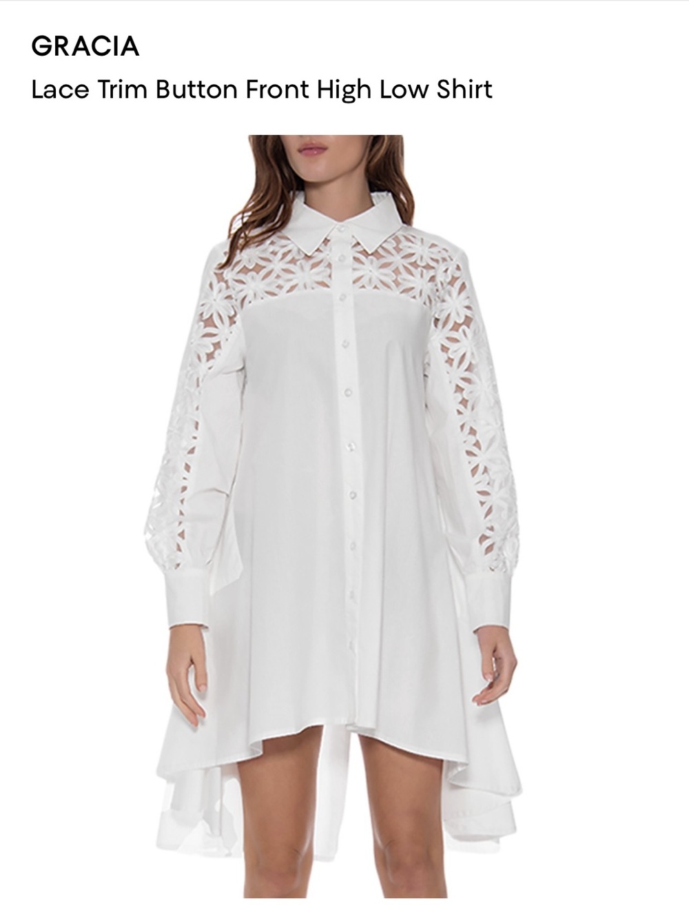 Gracia White High-Low Lace Sleeve Shirt Dress